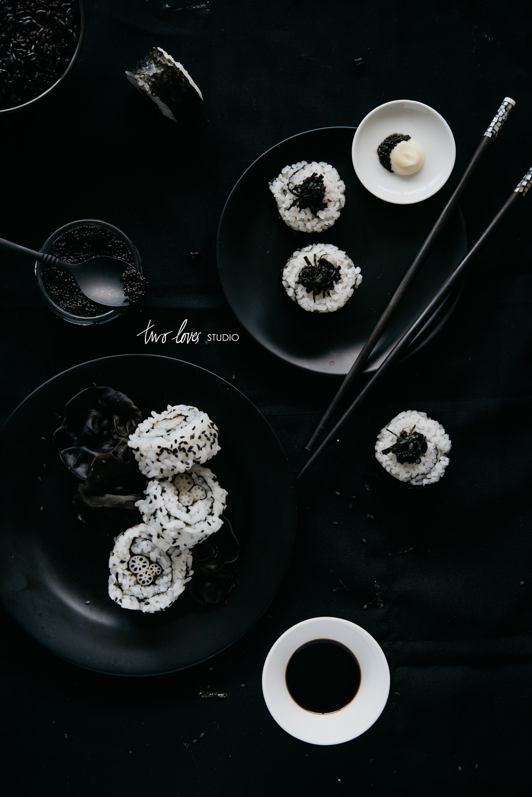 Two Loves Studio Black White Food Photography Sushi