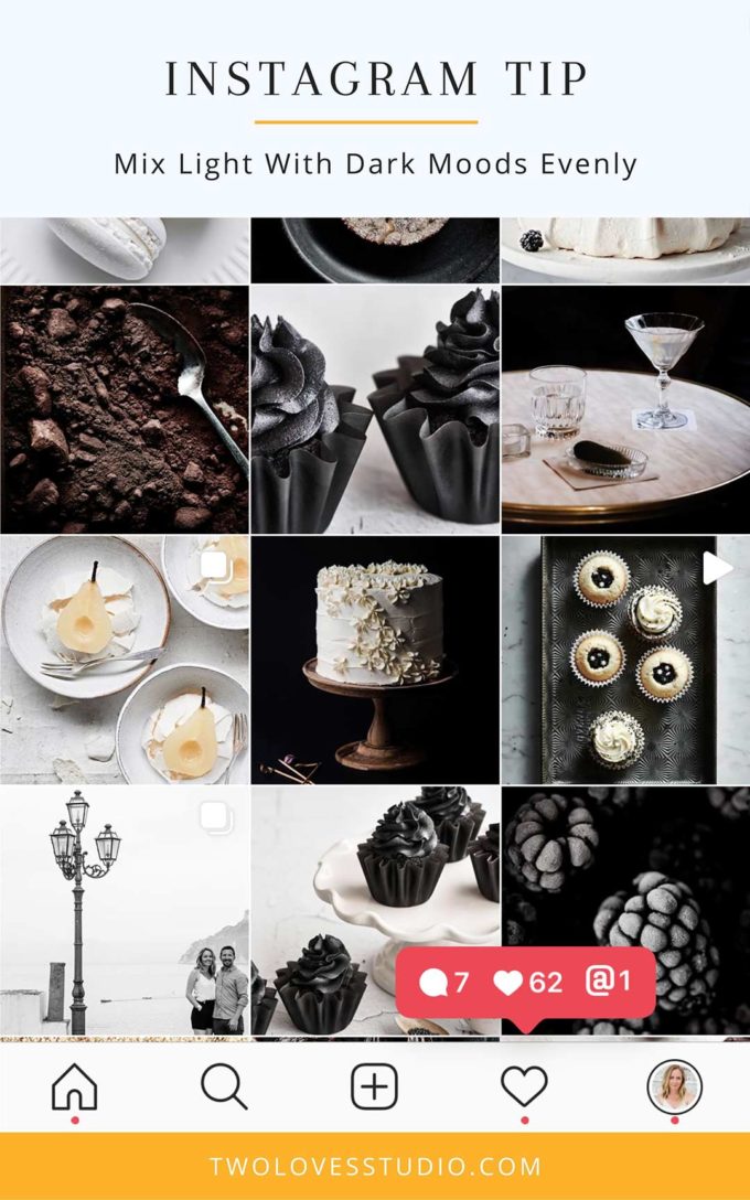 A screenshot of a food photography instagram with black, white and brown food photos.