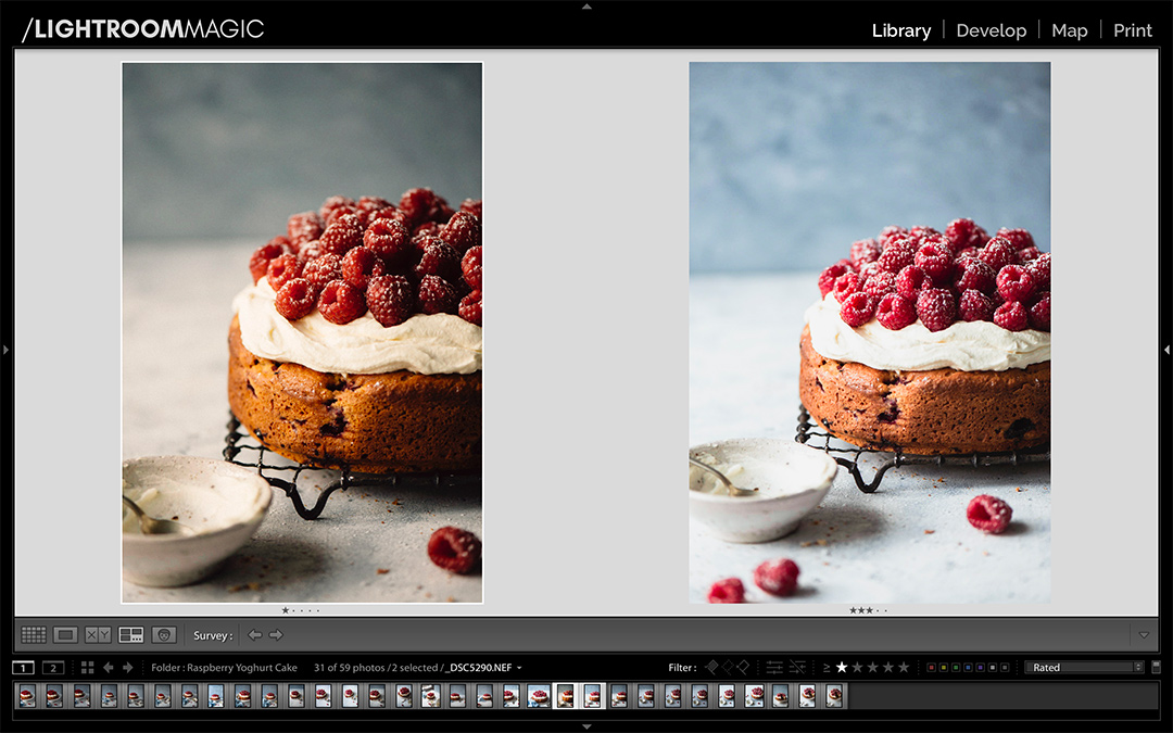 Lightroom food photography presets showing exposures in photoshop. 