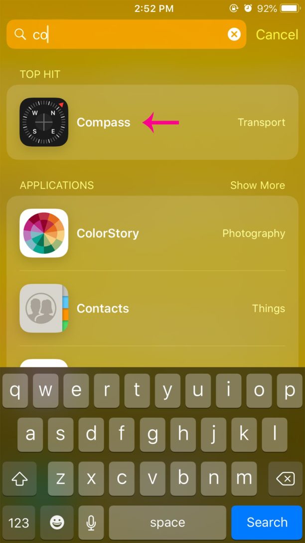 Screen shot of where the compass can be found on an iPhone