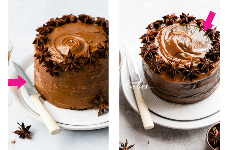 Side by side shot of the caramel cake with star anise on top. 