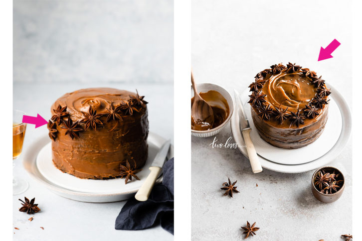 Side by side shot of the hero shot of the caramel cake. 