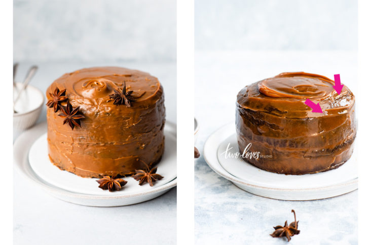 A cake on white plates with the caramel topping being brushed on and star anise being applied. 