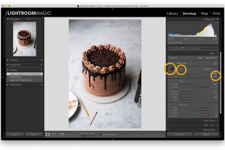 Lightroom magic example of a chocolate cake 