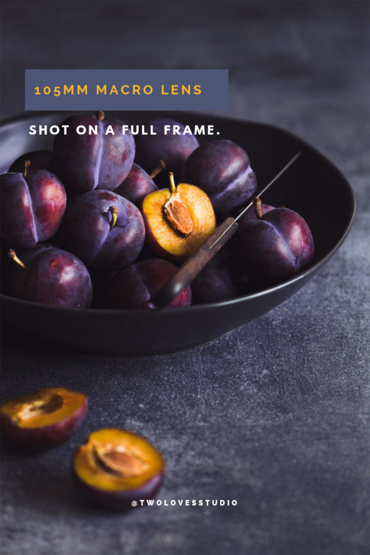 105mm macro lens of a bowl of plums