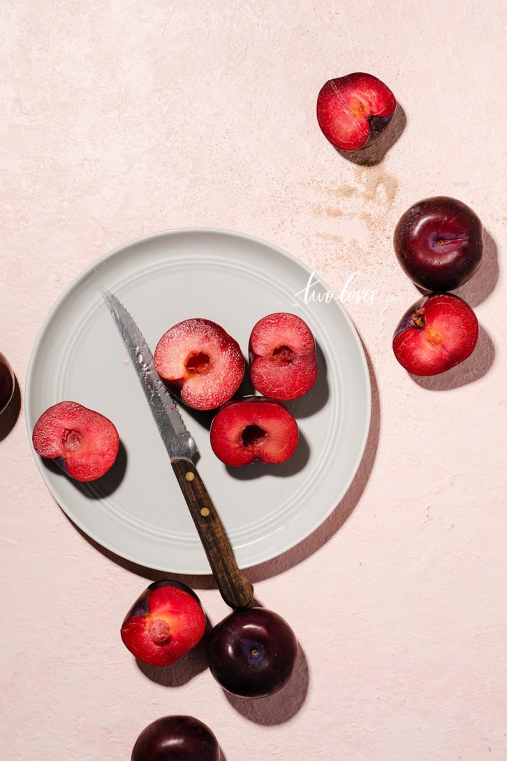 Still life plum shot with hard light a setup of for food photography.