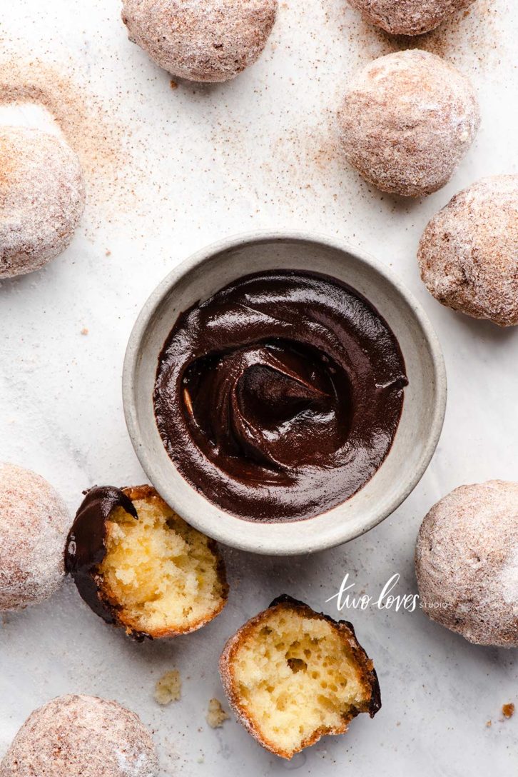 Donught holes with a chocolate dipping sauce