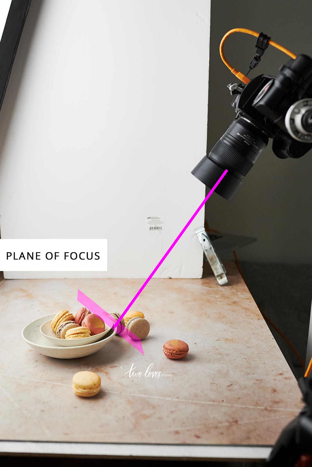 White bowl of macaroons on a marble background. A white balance sheet behind it with a camera point towards the bowl showing how to get a sharp food photo. 