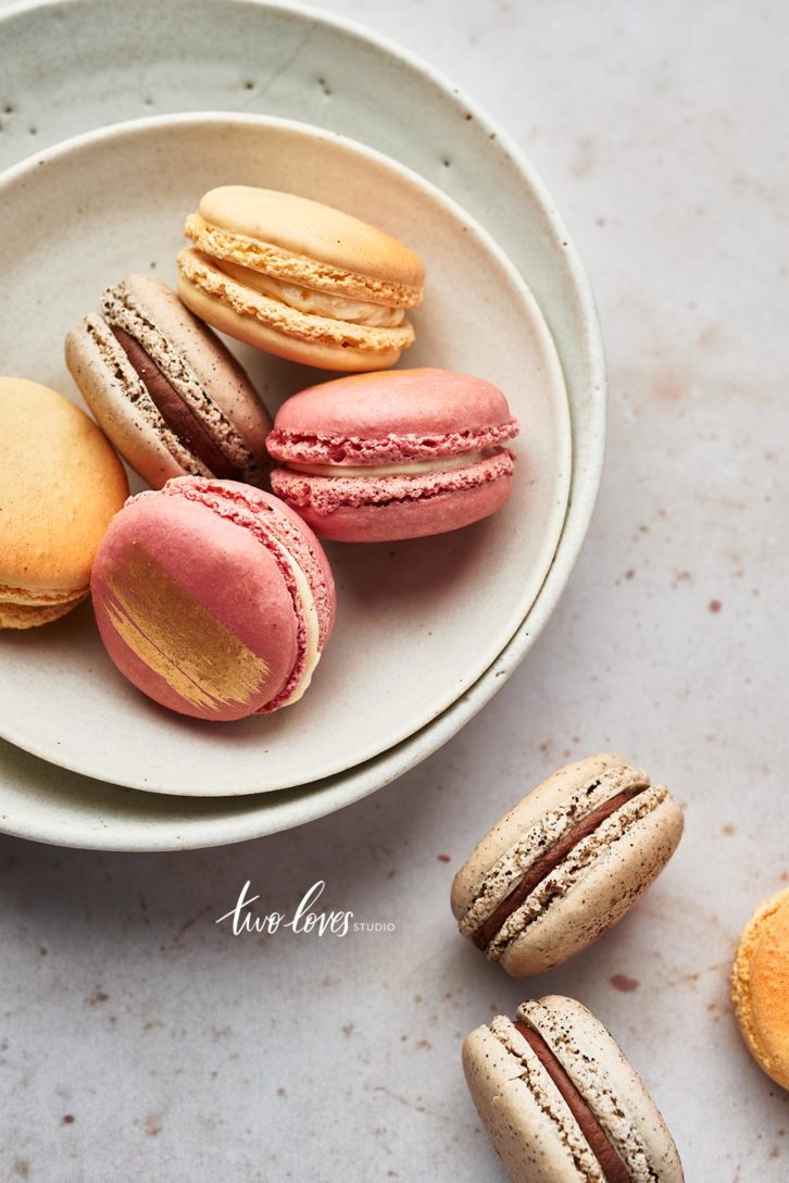 Group of macaroons in a white bowl