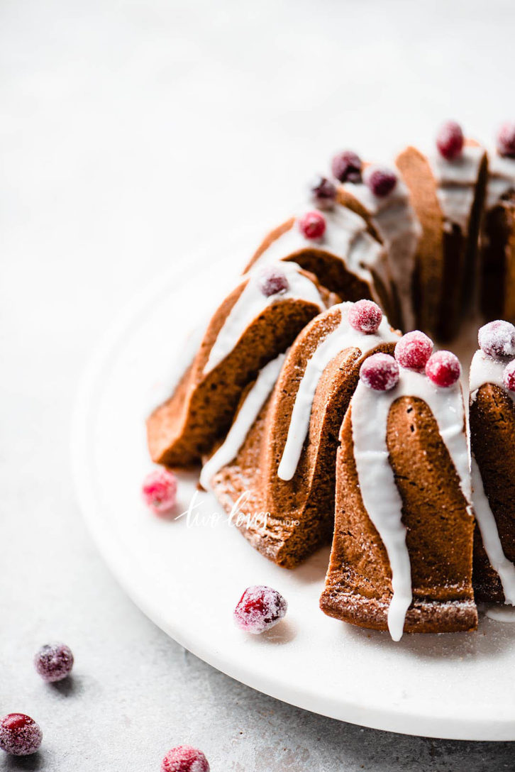 Cake stand with a bundt cake on top of a wire cooling rack. 