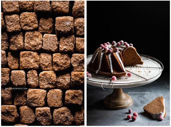 Brown sugar cubes - close up shot and a bundt cake.