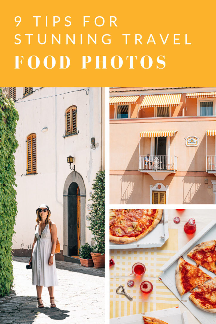 9 Stunning travel food photos. 3 photos of Italy. A pizza, a set out patios with stripped awnings and a cobble stone street.