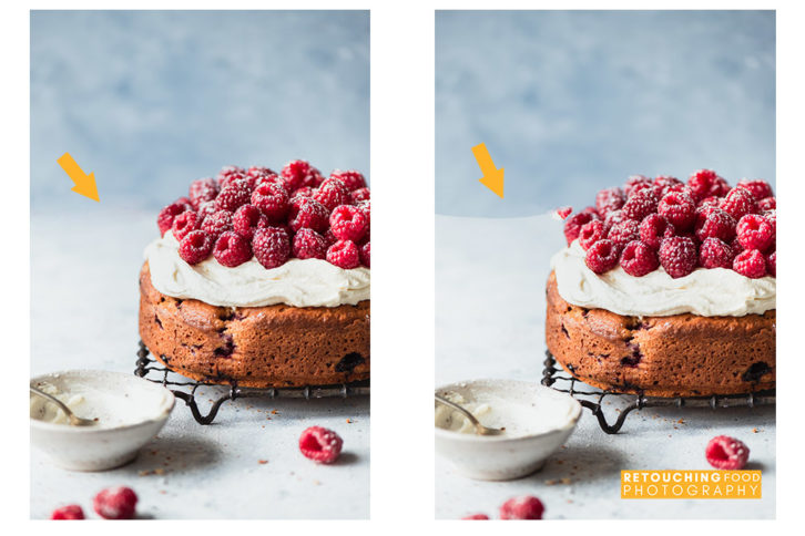 Side by side of a circular cake sitting on a wire cooling rack, with a cream cheese frosting on top and raspberries to finish.