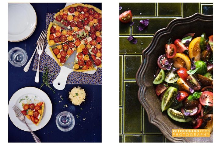 Left image of a tomato cheese cut into slices, right image a bowl of cut up tomato.