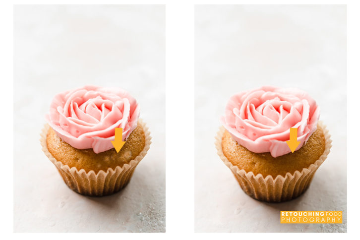 Side by side photos of a cupcake with a pink rose piped on-top. 