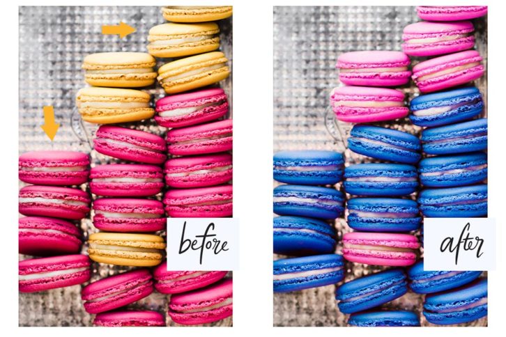 Before and After photo of macaroons. that have been retouched from their original yellow and deep pink colour to light pink and blue.