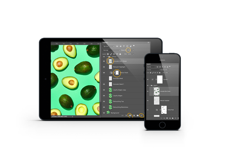 Screen shot of a iPhone and iPad showing layers on photoshop. 