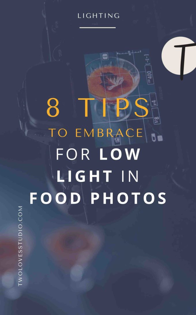 The back of a camera screen shooting a fall cocktail. With text over the top about low light tips for food photography.