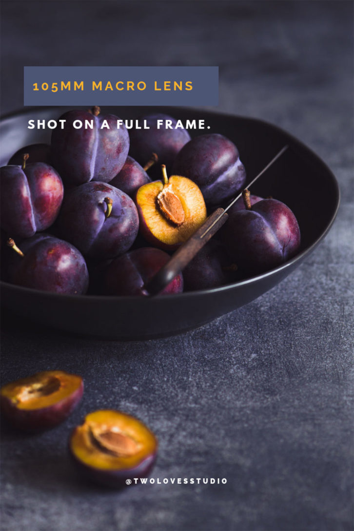 Macro lens 105mm shot of plums in a bowl