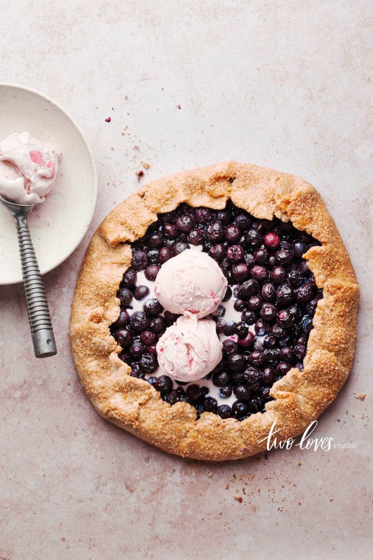 Blueberry galette with strawberry ice cream