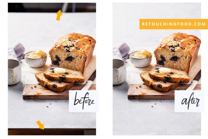 Before and After photo of blueberry bananna bread with honey drizzle and a side of butter.