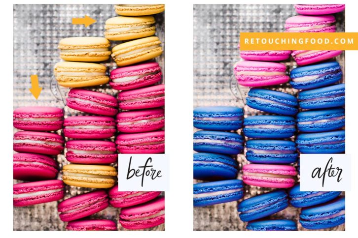 Coloured Macarons before and after. Colour change from pink and yellow to pink and blue.