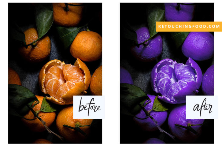 A photo of Clementines before as orange coloured and after changed to purple. 