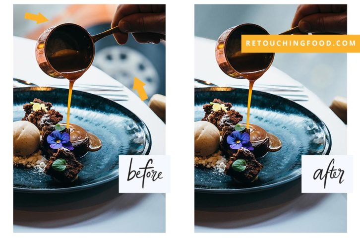 Photo of a desert before and after shot with caramel drizzle and an orange car in the back ground. 