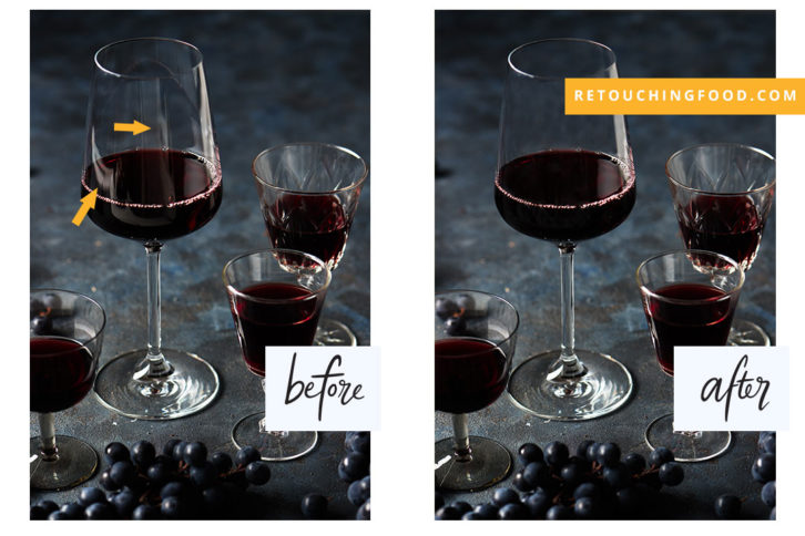 Photo of Red Wine glasses and black grapes. Glasses have before and after reflection. 