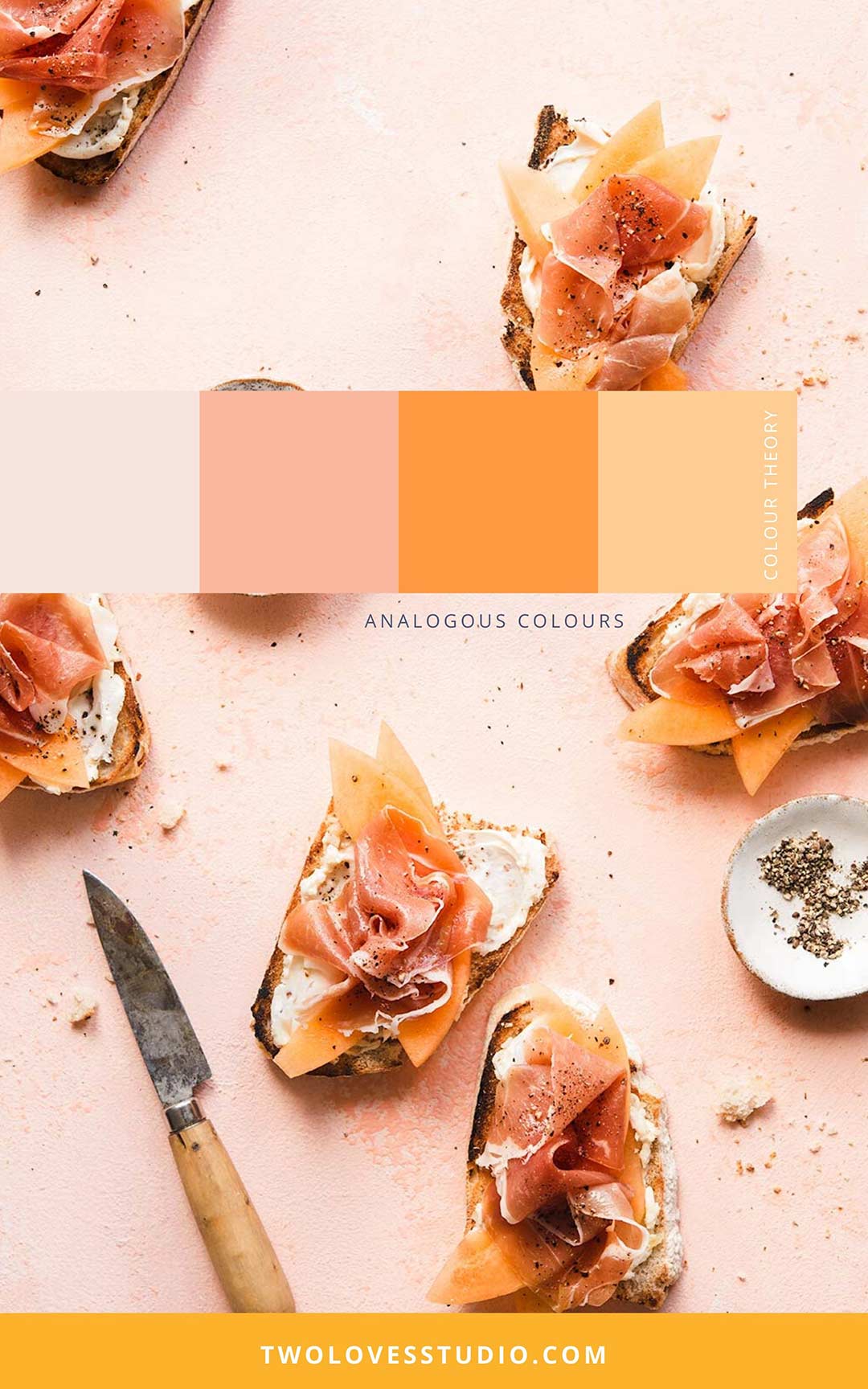 Example of Analogour colours. Colour Theory swatches. Crunchy bread toasted, with salmon placed on top of cantaloupe.