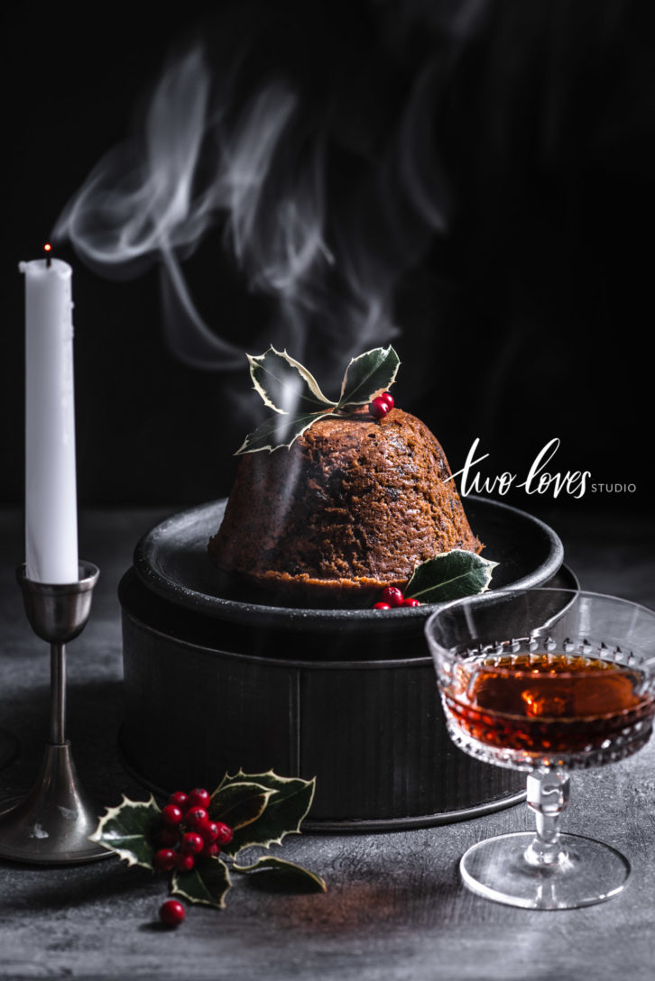 Christmas pudding with rum on a diy cake stand