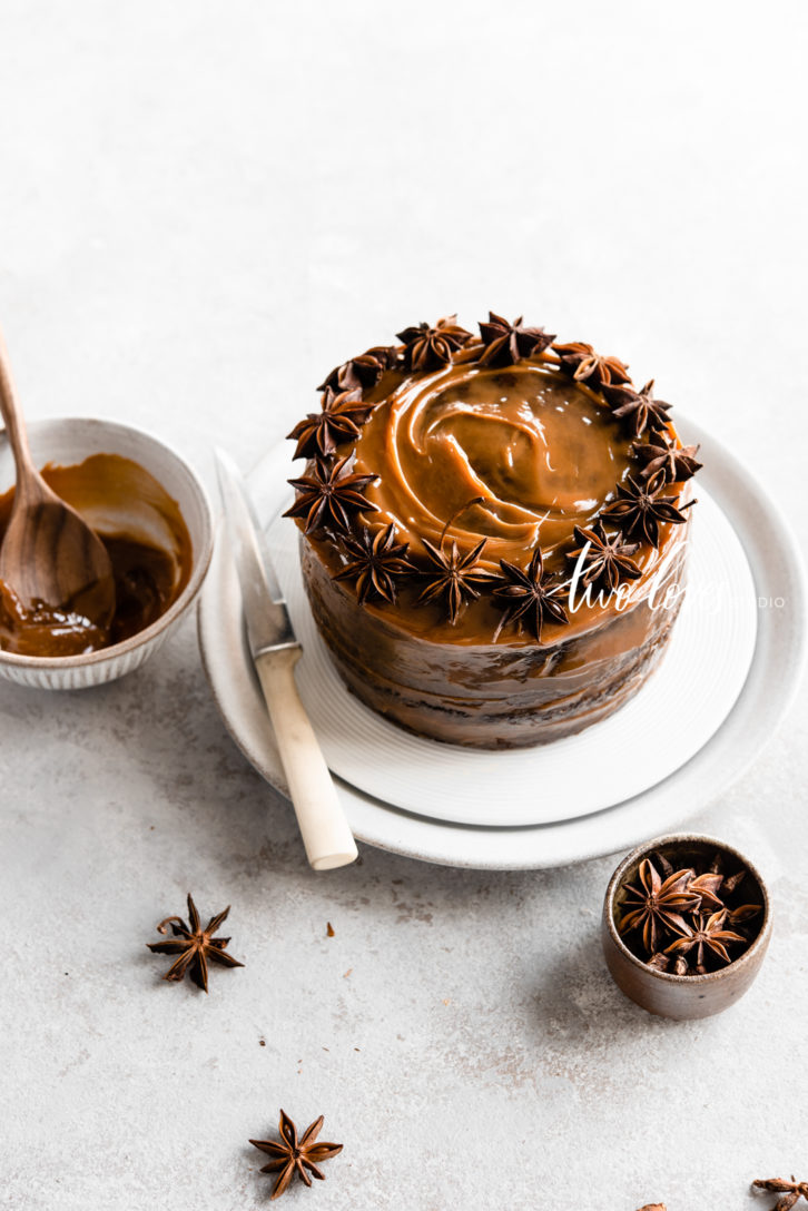 Chocolate swirl cake with caramel topping. 