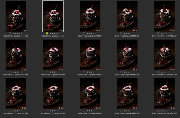 A gird view of cupcakes in a photo editing program to see side by side comparison.