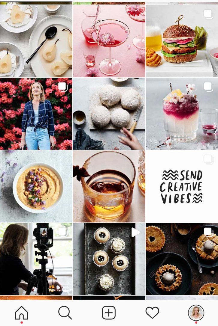 A screenshot of a food photography instagram with pink, blue and brown food photos.