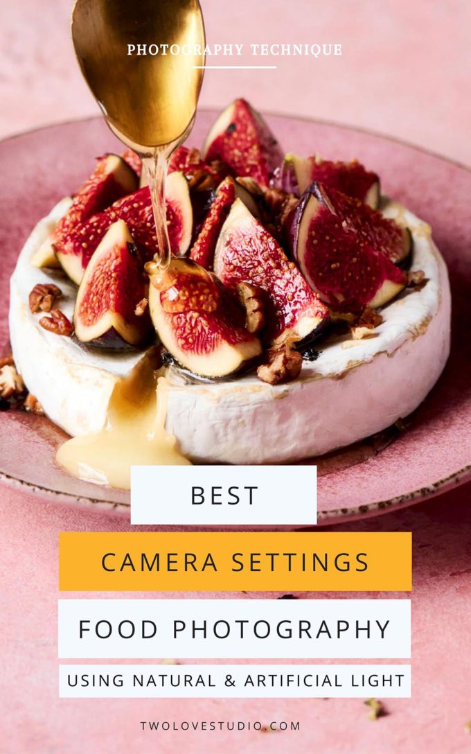 A baked brie with figs and pecans. Drizzled honey is delivered to the top to garnish by a gold spoon. Text over the top that reads best camera settings for food photography using natural and artificial light.