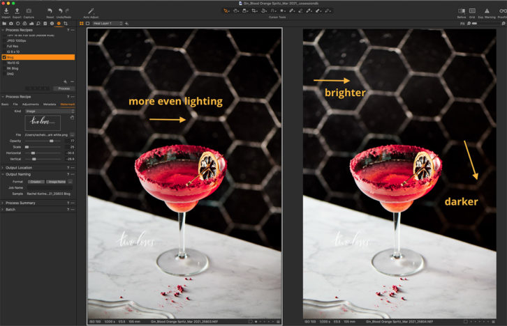 Screen shot of a blood orange margarita glass an orange garnish before and after editing. Screenshot showing tips for how to perfectly photography black backgrounds.