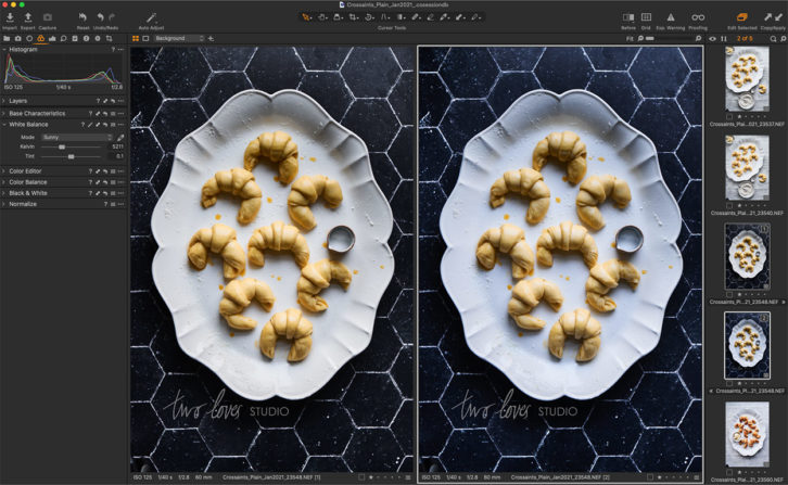 Before and After shot - Black background with a white plate shot from above with 8 mini croissants.  Screenshot showing tips for how to perfectly photography black backgrounds.