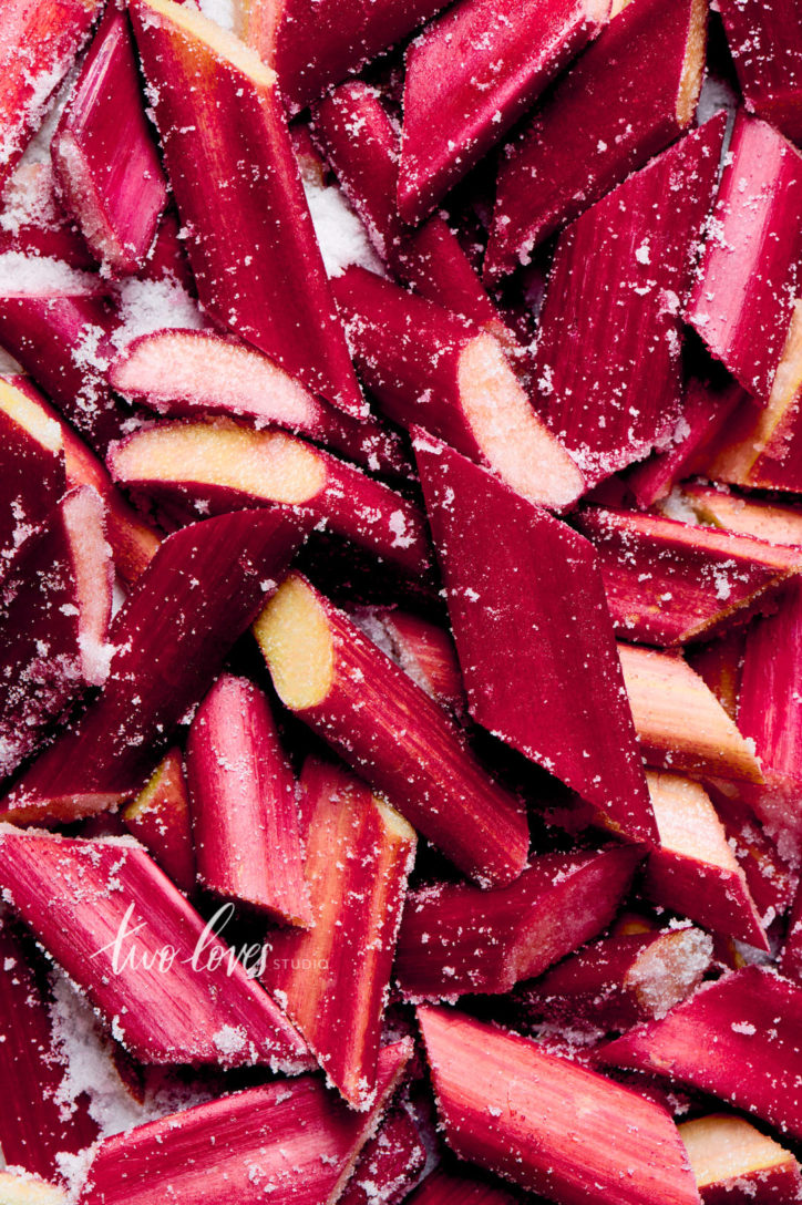 Cut Rhubarb chunks with a dusting of sugar