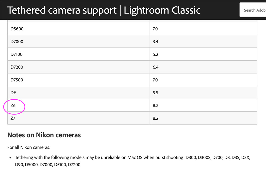 Screenshot of which Nikon cameras are supported by Lightroom for troubleshooting tethering tips