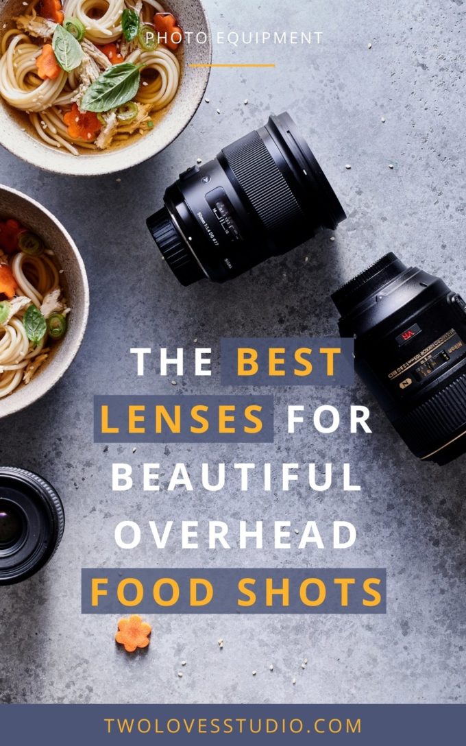 Overhead shot of noodle soup with chicken and carrots. With lenses for food photography. With the title, best lenses for beautiful overhead food shots.