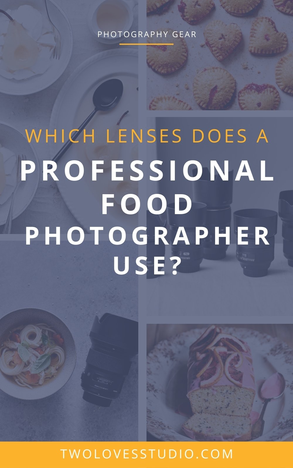 A collage of food photography images with the words which lenses does a photographer food photographer use.