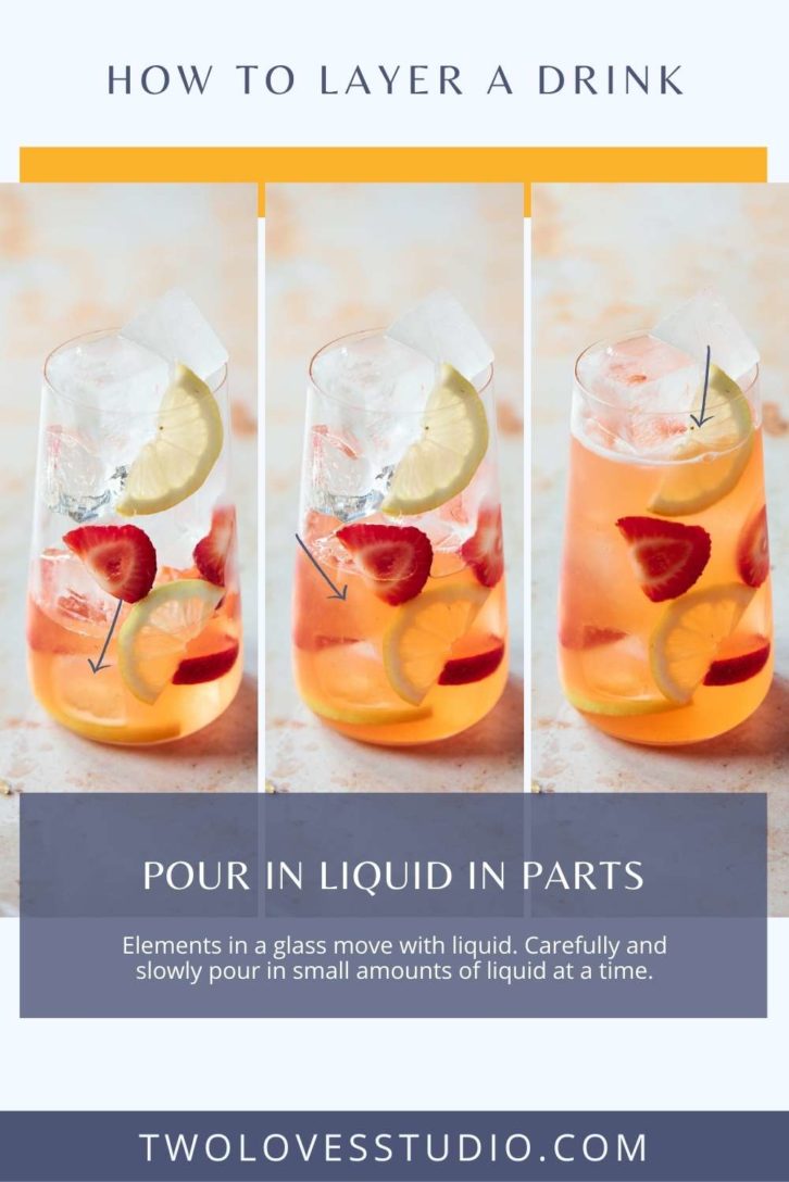 Example shots of fruit layers in a glass while liquid is being poured in. 