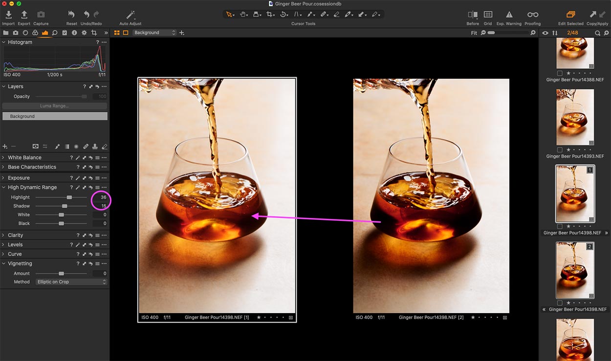 Side by side drink photo of a whiskey pour editing shots on a light background. Showing how to brighten up shadows. 