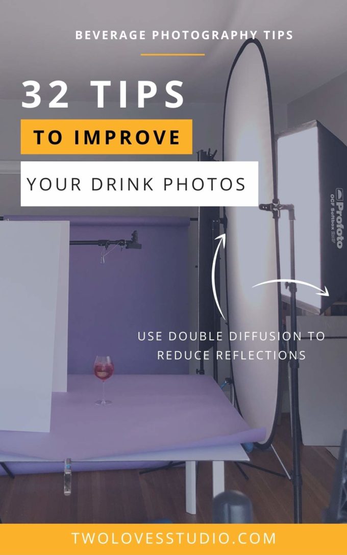 Example on how to diffuse reflections. A glass on a table with purple backdrop and a light reflector. 