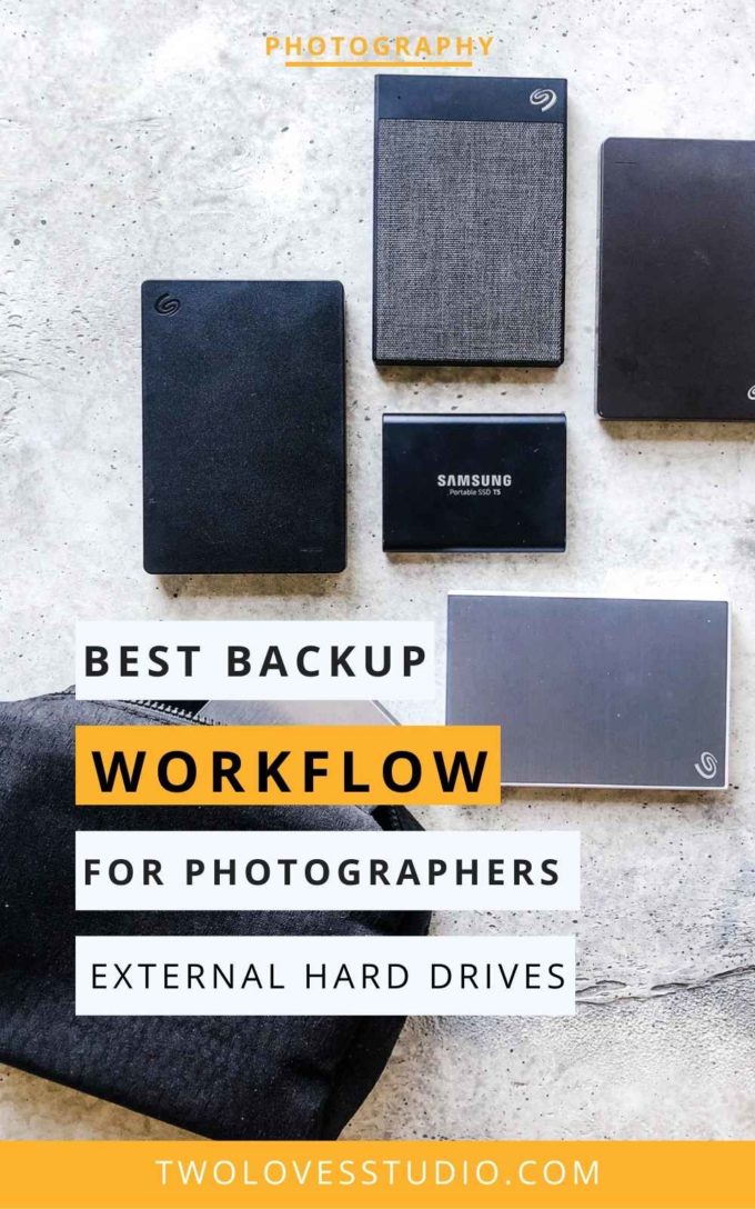 Five different examples of external hard drives for a photography backup workflow on a stone backdrop.