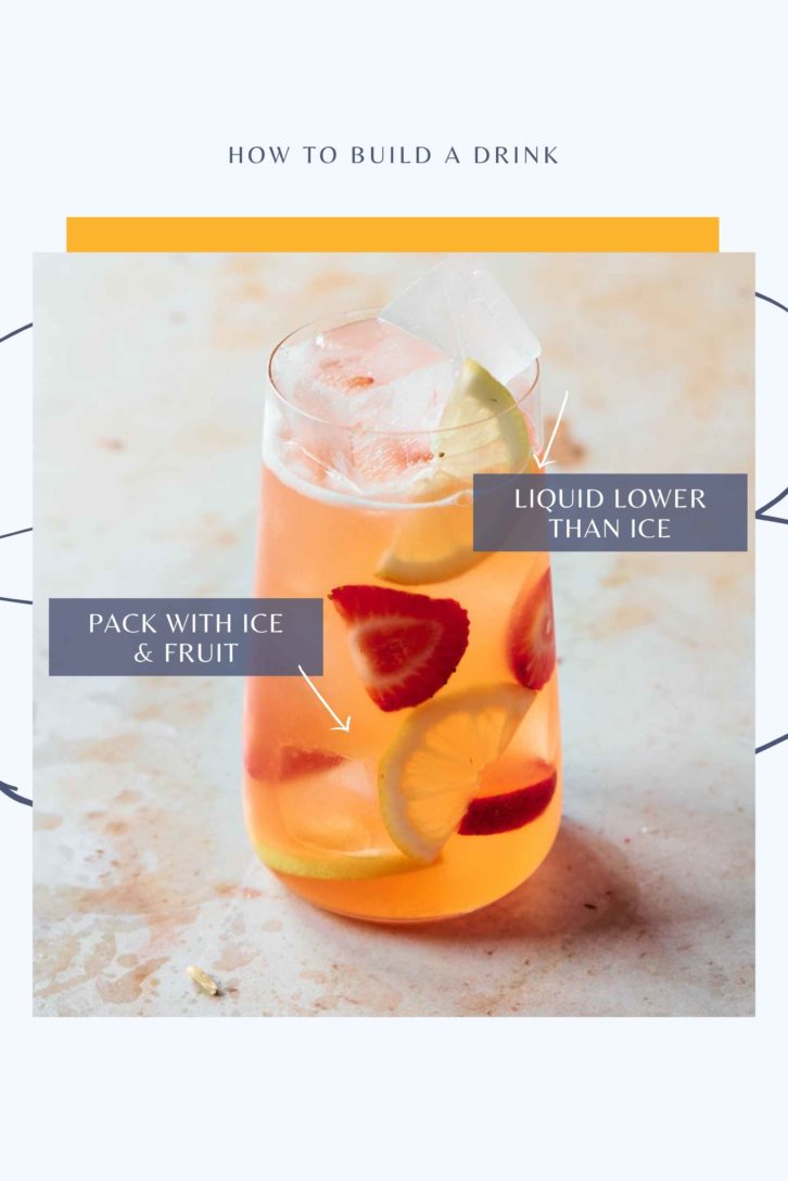 A tall glass full of liquid, ice and fruit slices. The ice touching the tops of the glass shows the final step of how to layer drinks.