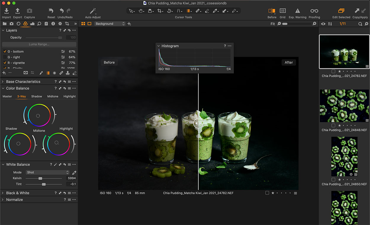 A screen shot of using capture one to edit a green kiwi dessert in a glass cup on a black background. 