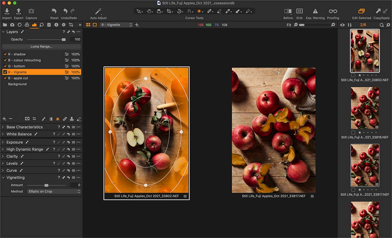 A screen shot of Apples on a wooden table being edited in Capture one. 