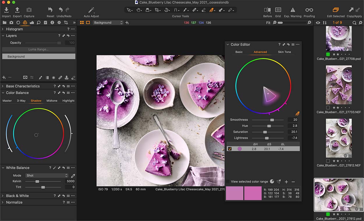 A screen grab of capture one program editing a flat lay images of a lilac cheesecake. 