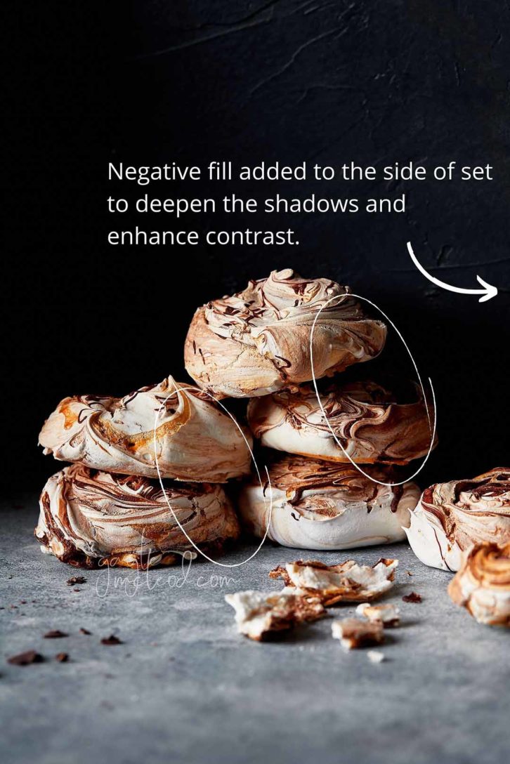 A black background with 6 meringues stacked in a pile on marble. Showing where to place a negative fill on the left side of a shot. 